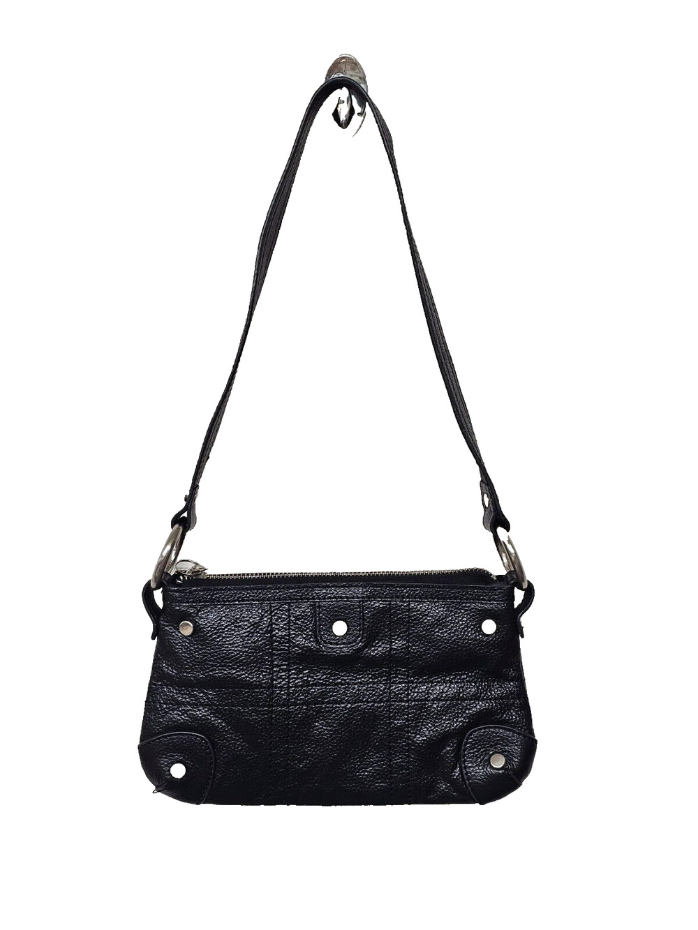Bolzano Women's Black Pebbled Leather Inner Zip Pockets Shoulder Bag Y2K Small